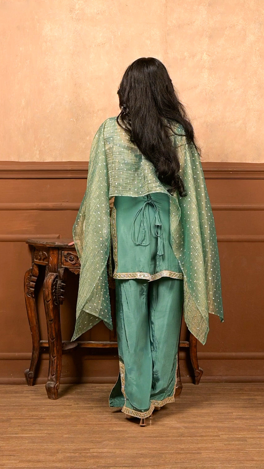 Sundari 3-Piece Set – Sage Green | Premium Viscose Crepe Suit with Lurex Dupatta