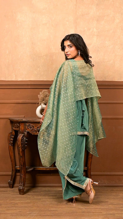 Sundari 3-Piece Set – Sage Green | Premium Viscose Crepe Suit with Lurex Dupatta
