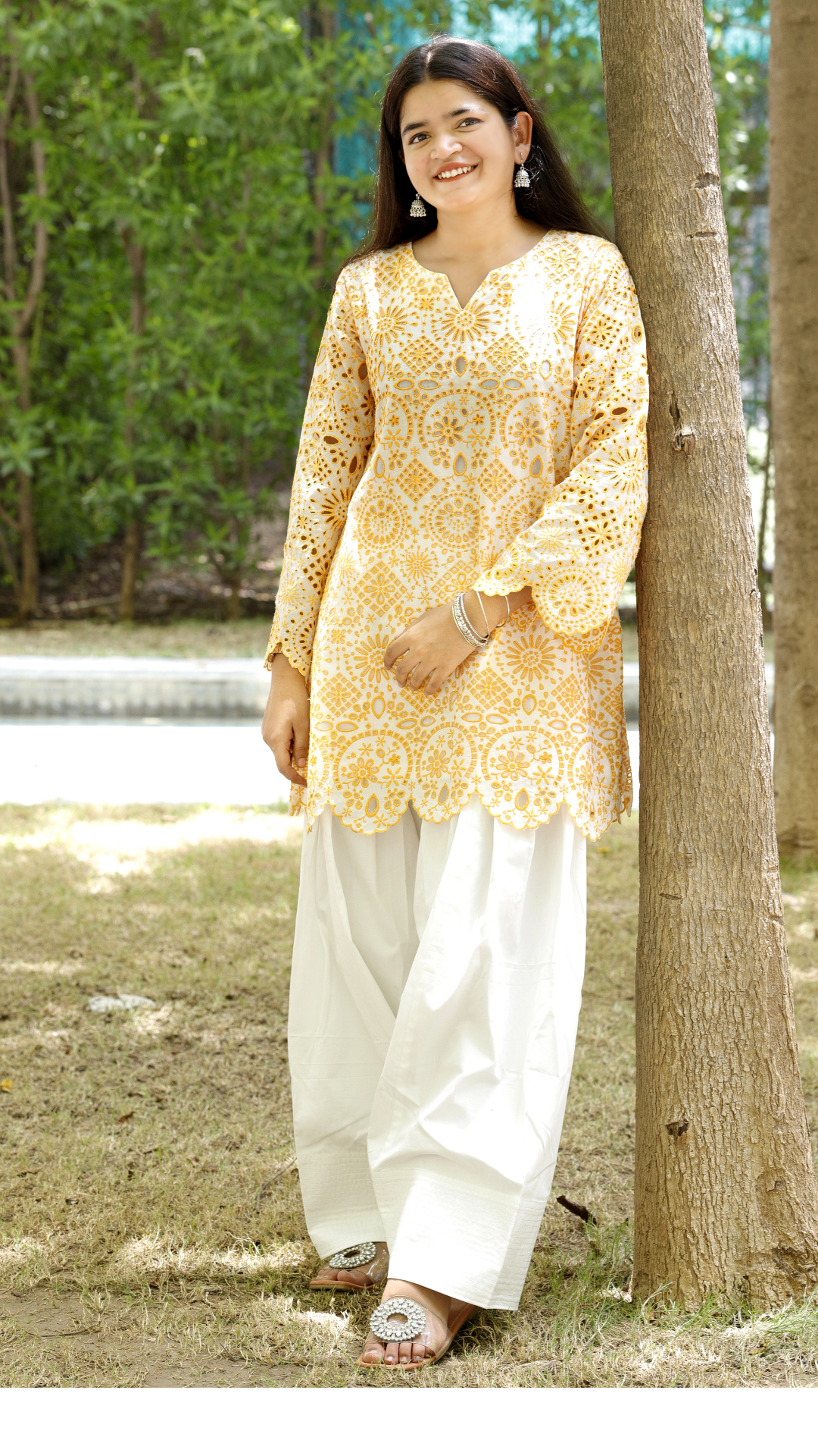 Dhara Co-Ord Set Yellow– 100% Cotton Schiffli Elegance