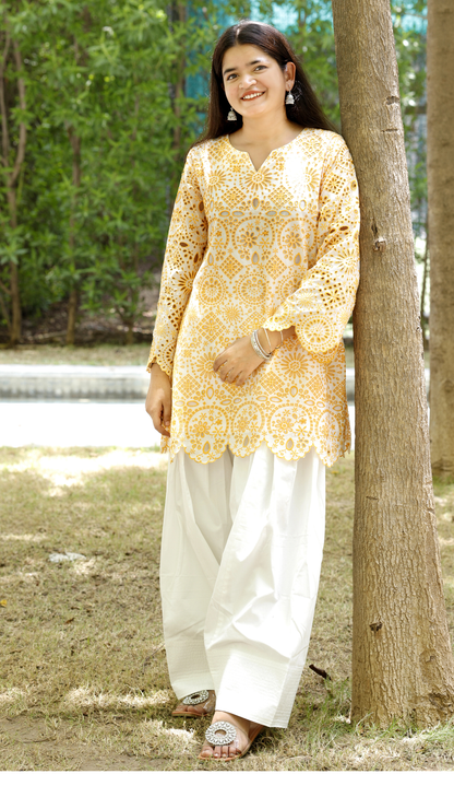 Dhara Co-Ord Set Yellow– 100% Cotton Schiffli Elegance