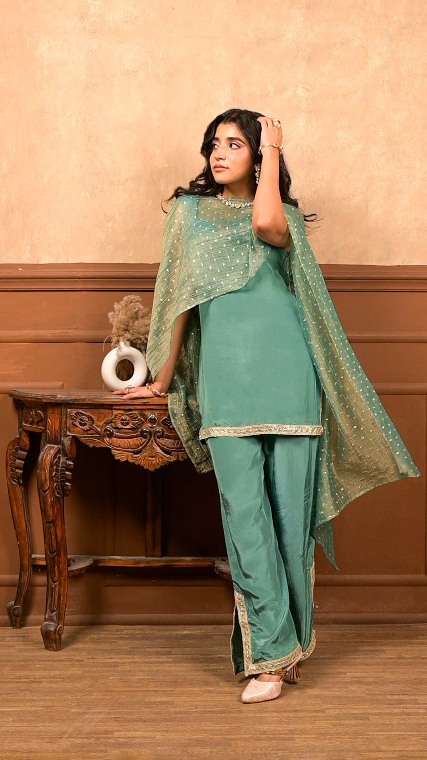 Sundari 3-Piece Set – Sage Green | Premium Viscose Crepe Suit with Lurex Dupatta