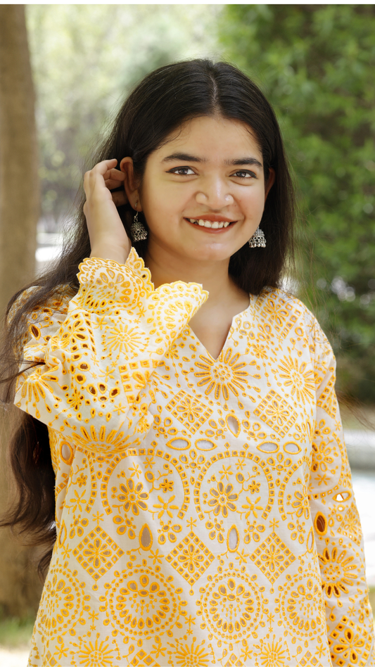 Dhara Co-Ord Set Yellow– 100% Cotton Schiffli Elegance