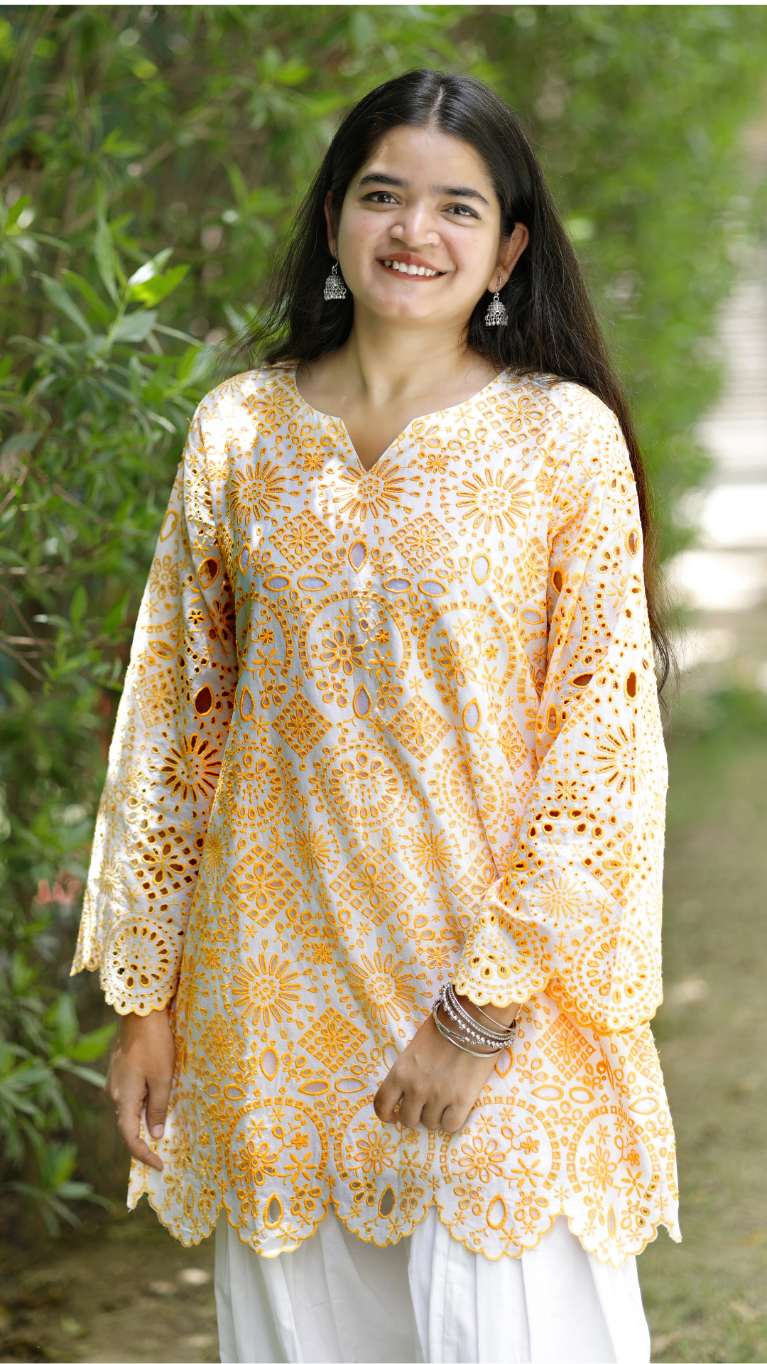 Dhara Co-Ord Set Yellow– 100% Cotton Schiffli Elegance