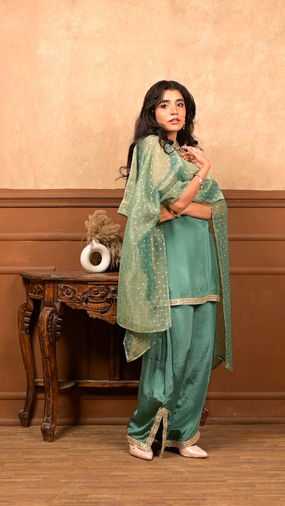 Sundari 3-Piece Set – Sage Green | Premium Viscose Crepe Suit with Lurex Dupatta