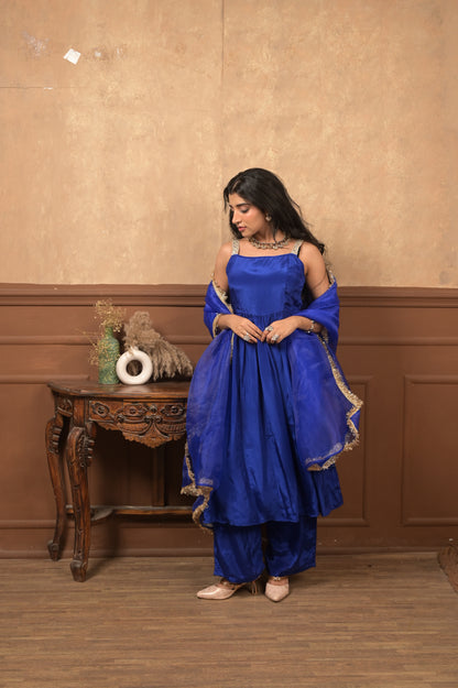 Kumkum 3-Piece Set – Royal Blue | Viscose Crepe Ethnic Suit with Organza Dupatta