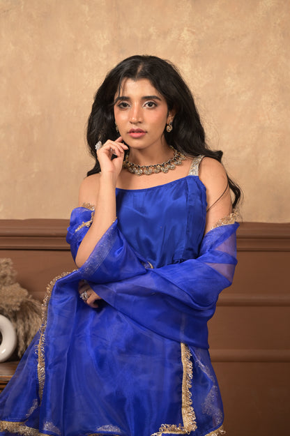 Kumkum 3-Piece Set – Royal Blue | Viscose Crepe Ethnic Suit with Organza Dupatta