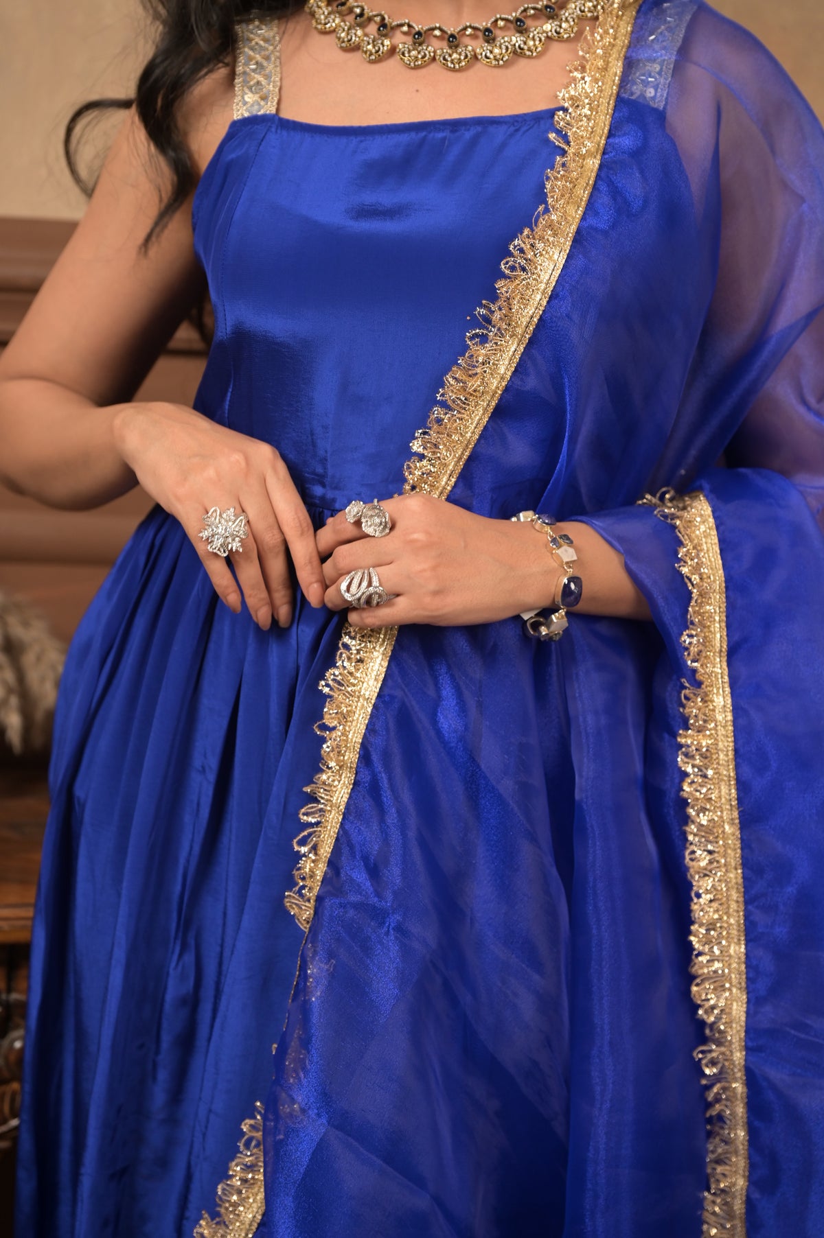 Kumkum 3-Piece Set – Royal Blue | Viscose Crepe Ethnic Suit with Organza Dupatta