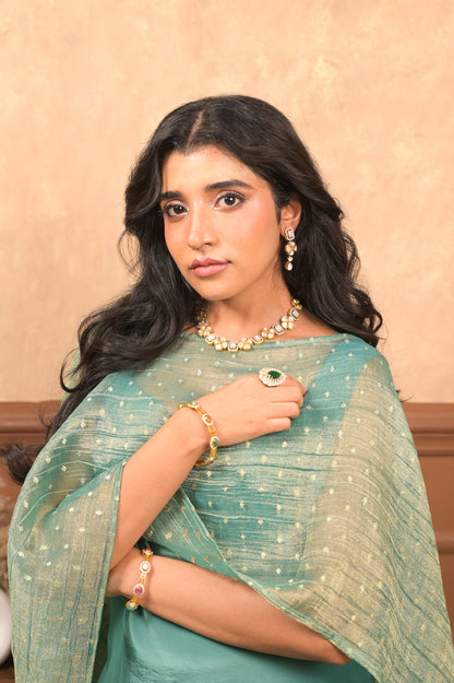 Sundari 3-Piece Set – Sage Green | Premium Viscose Crepe Suit with Lurex Dupatta