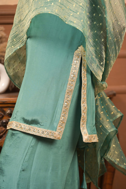 Sundari 3-Piece Set – Sage Green | Premium Viscose Crepe Suit with Lurex Dupatta