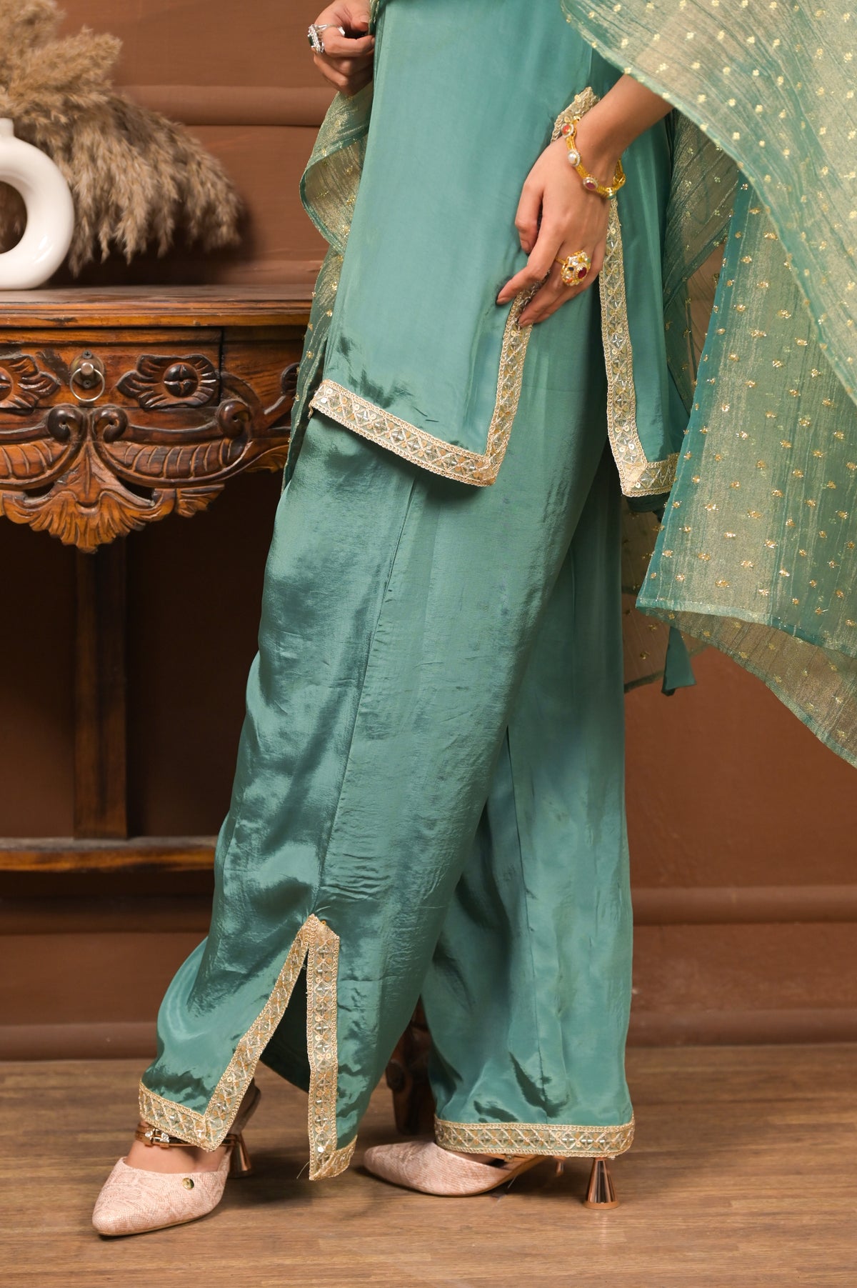 Sundari 3-Piece Set – Sage Green | Premium Viscose Crepe Suit with Lurex Dupatta