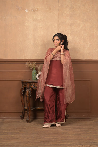Sundari 3-Piece Ethnic Set – Maroon | Viscose Crepe with Crushed Tissue Dupatta