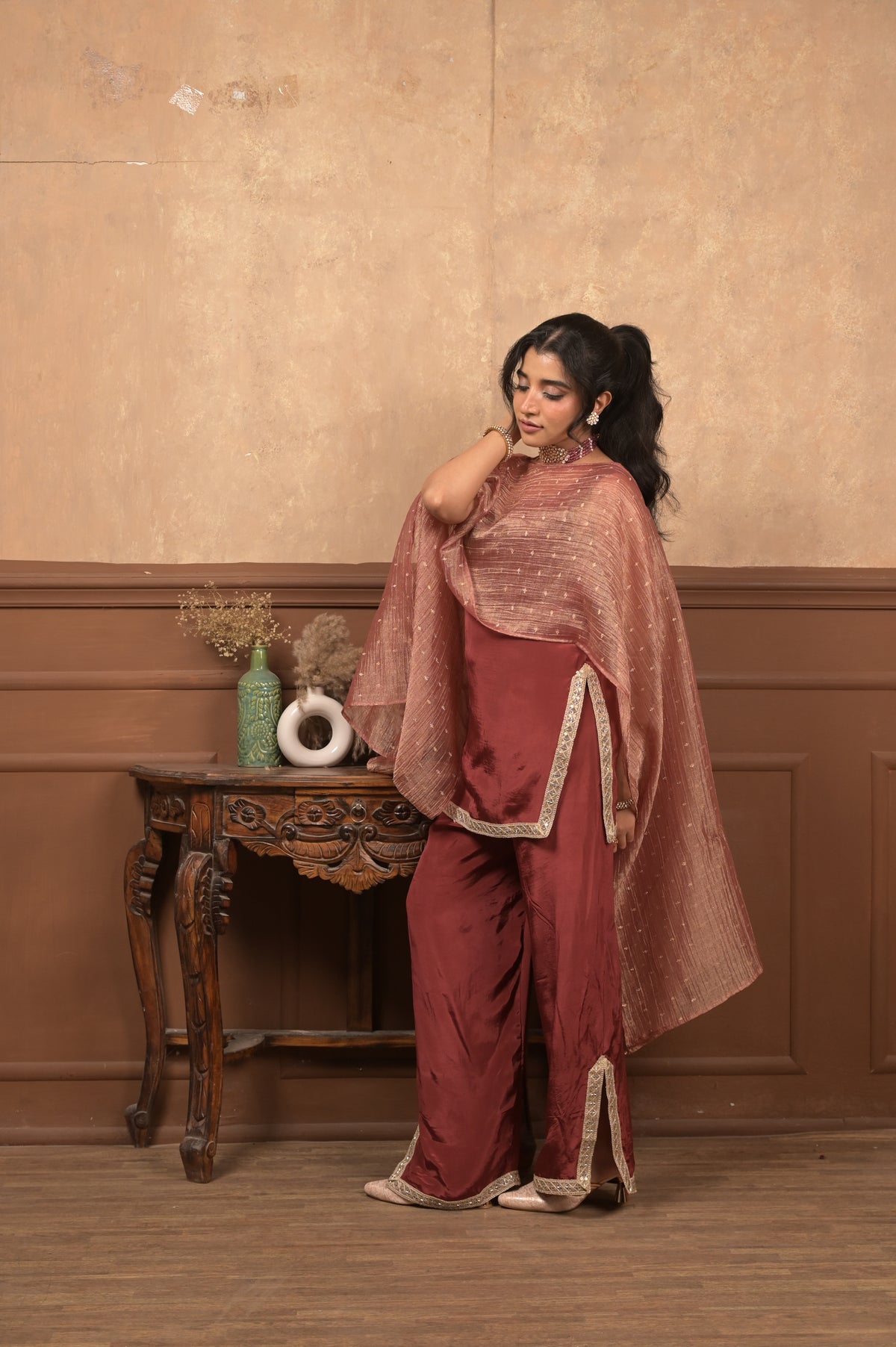Sundari 3-Piece Ethnic Set – Maroon | Viscose Crepe with Crushed Tissue Dupatta