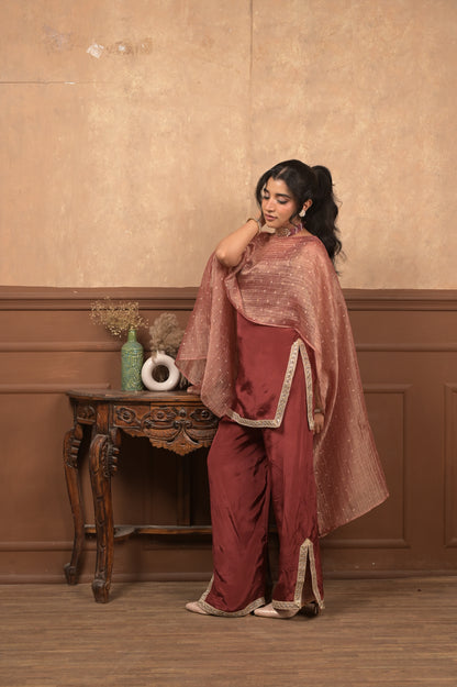 Sundari 3-Piece Ethnic Set – Maroon | Viscose Crepe with Crushed Tissue Dupatta