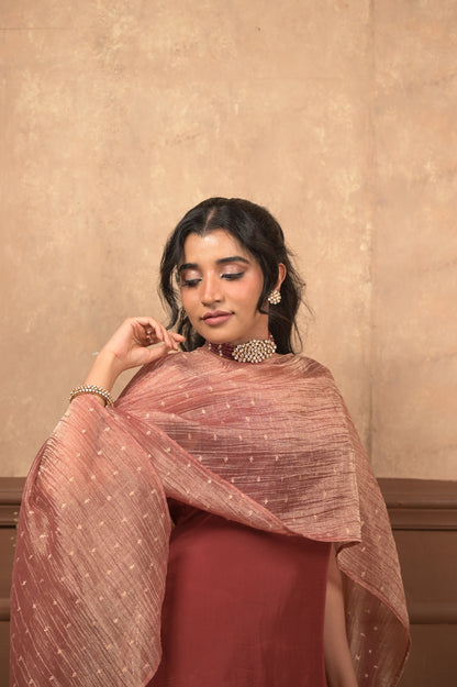Sundari 3-Piece Ethnic Set – Maroon | Viscose Crepe with Crushed Tissue Dupatta