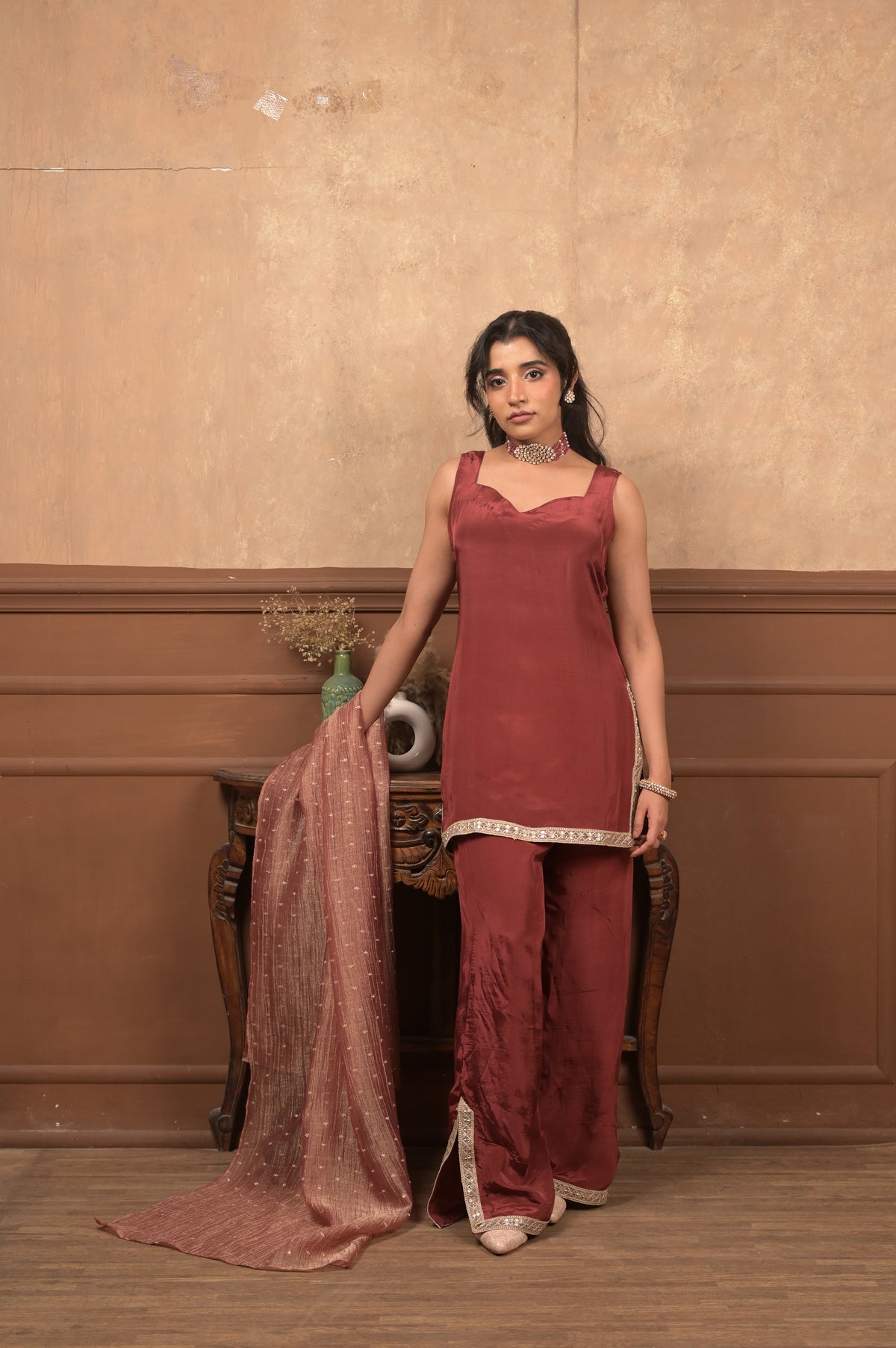 Sundari 3-Piece Ethnic Set – Maroon | Viscose Crepe with Crushed Tissue Dupatta