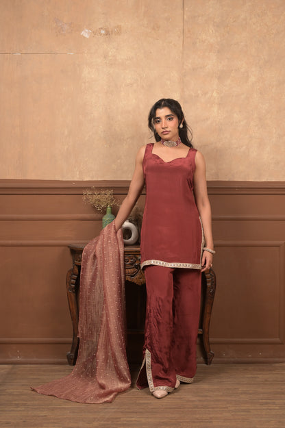Sundari 3-Piece Ethnic Set – Maroon | Viscose Crepe with Crushed Tissue Dupatta