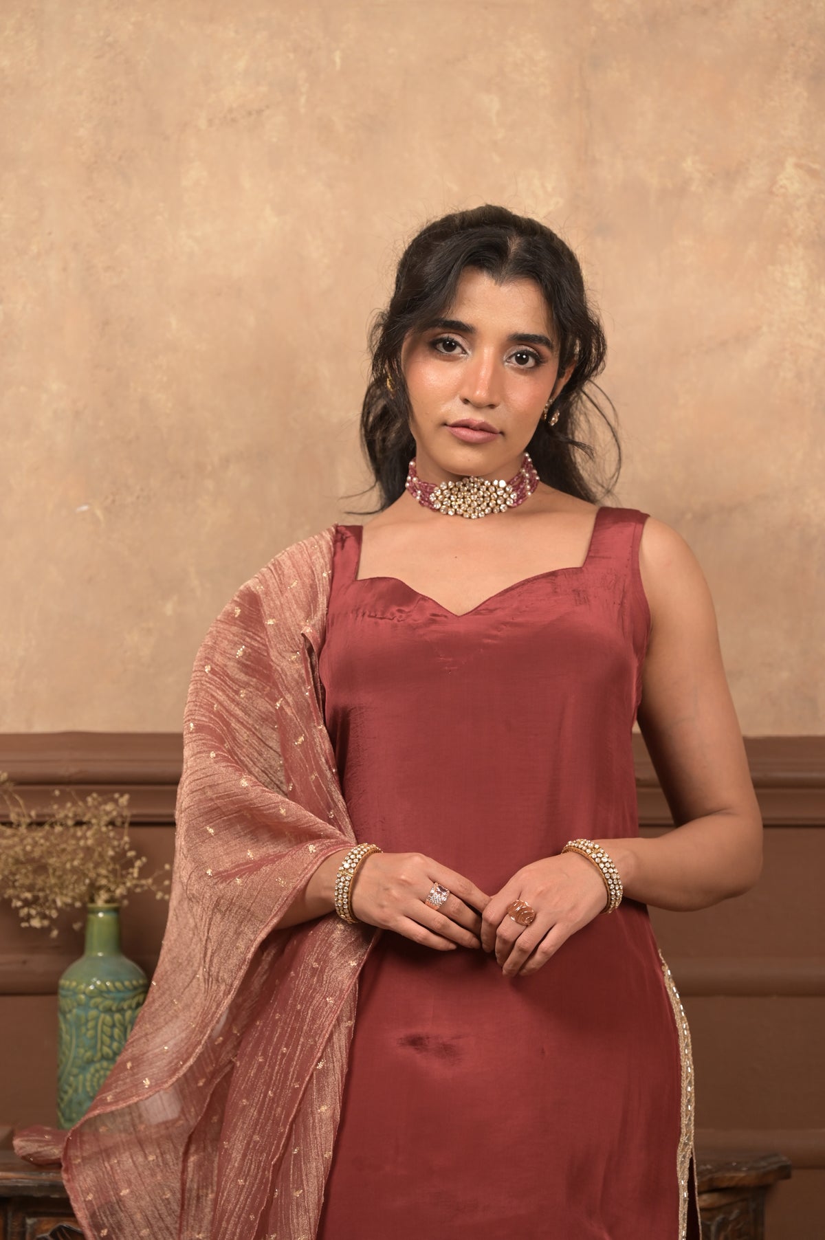 Sundari 3-Piece Ethnic Set – Maroon | Viscose Crepe with Crushed Tissue Dupatta