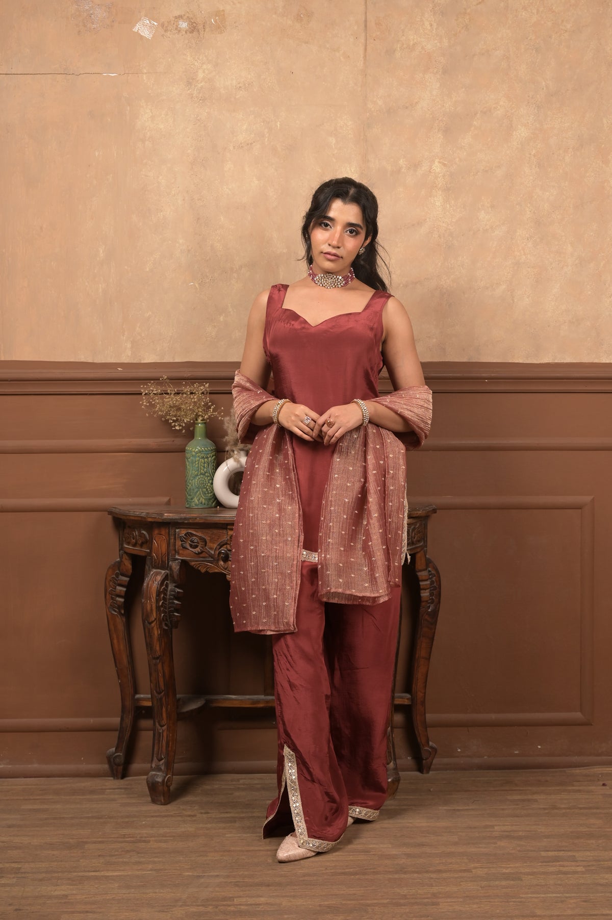 Sundari 3-Piece Ethnic Set – Maroon | Viscose Crepe with Crushed Tissue Dupatta