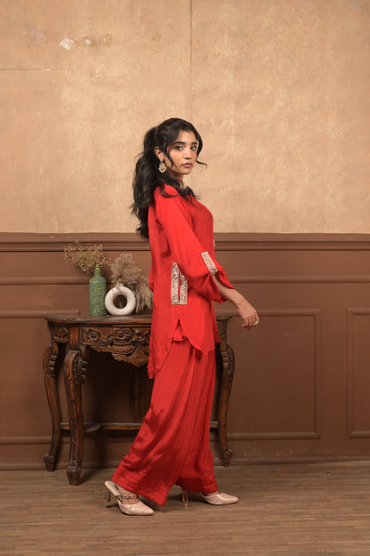 Roshhni Farshi Set – Red | Premium Viscose Crepe Ethnic Co-Ord Set