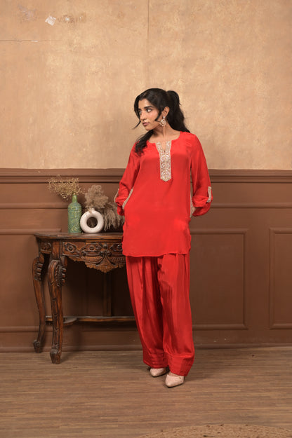 Roshhni Farshi Set – Red | Premium Viscose Crepe Ethnic Co-Ord Set