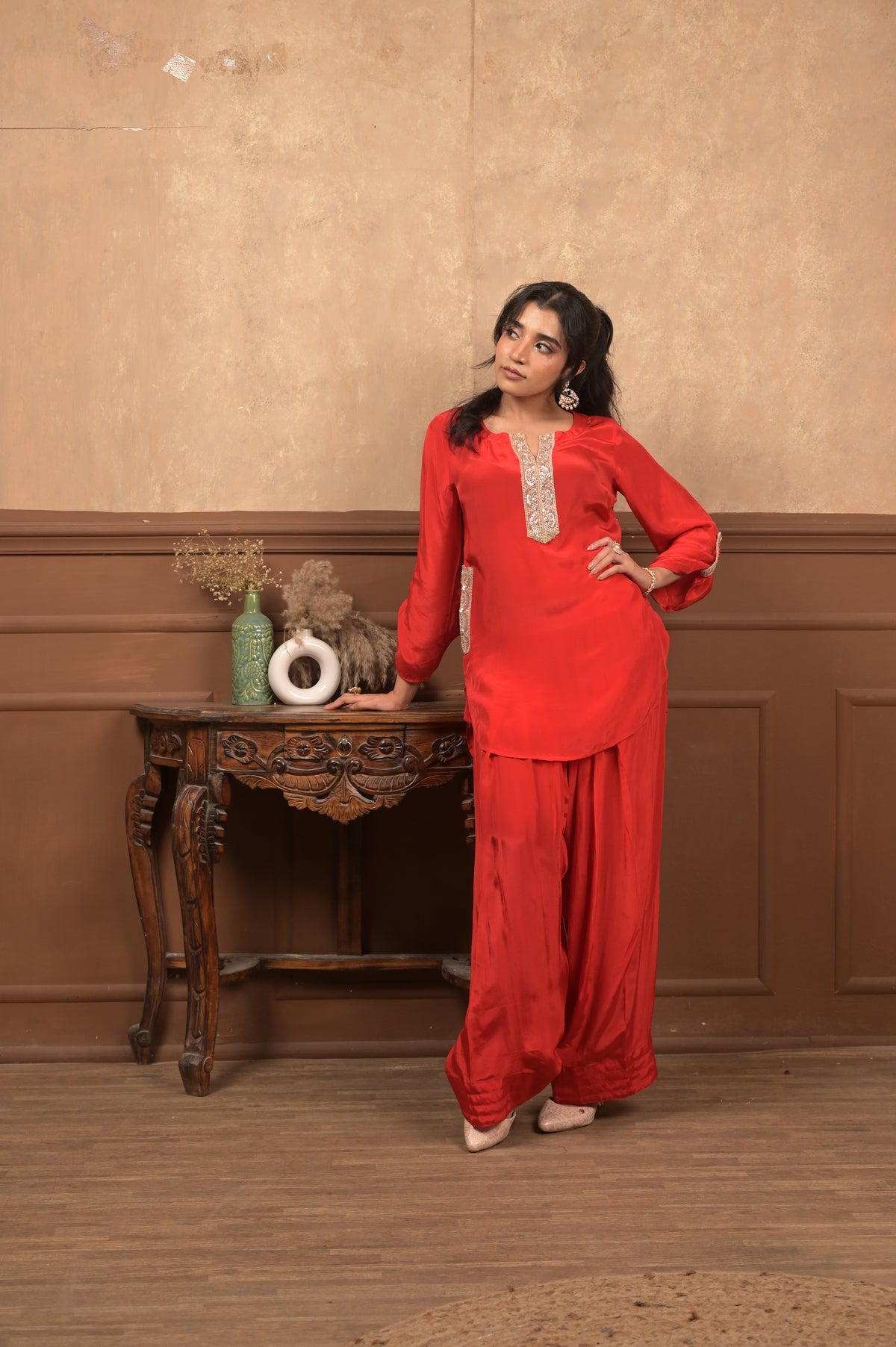 Roshhni Farshi Set – Red | Premium Viscose Crepe Ethnic Co-Ord Set