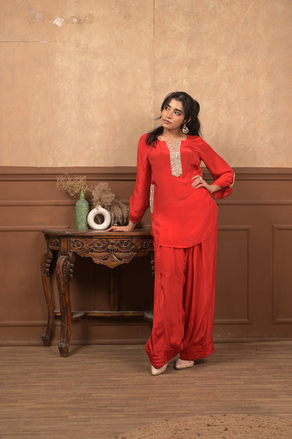 Roshhni Farshi Set – Red | Premium Viscose Crepe Ethnic Co-Ord Set