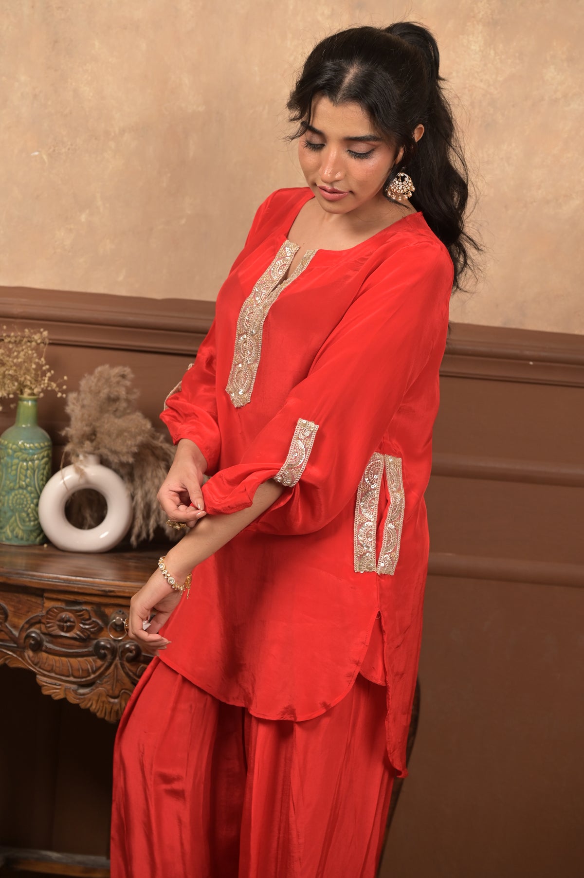 Roshhni Farshi Set – Red | Premium Viscose Crepe Ethnic Co-Ord Set