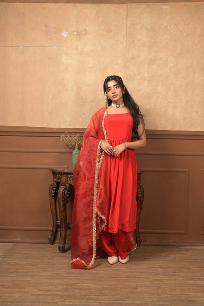 Kumkum 3-Piece Set – Red | Elegant Viscose Crepe Ethnic Suit with Organza Dupatta