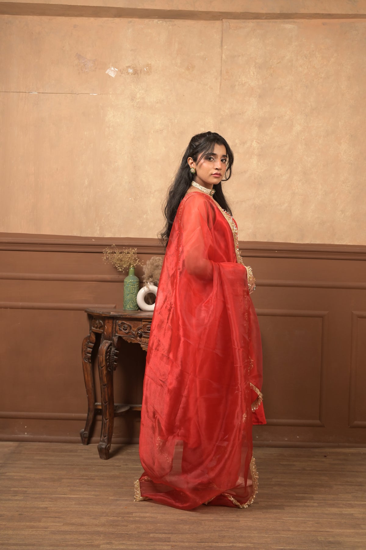 Kumkum 3-Piece Set – Red | Elegant Viscose Crepe Ethnic Suit with Organza Dupatta