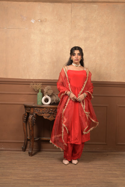 Kumkum 3-Piece Set – Red | Elegant Viscose Crepe Ethnic Suit with Organza Dupatta