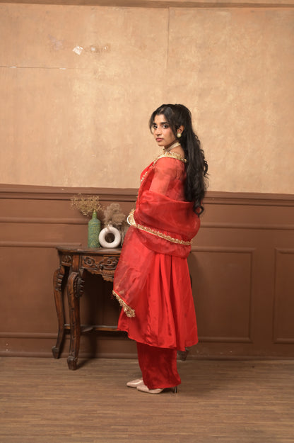 Kumkum 3-Piece Set – Red | Elegant Viscose Crepe Ethnic Suit with Organza Dupatta