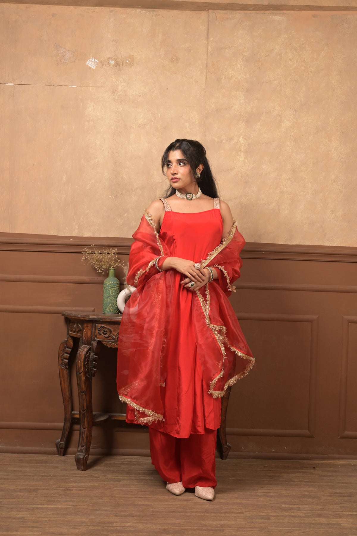 Kumkum 3-Piece Set – Red | Elegant Viscose Crepe Ethnic Suit with Organza Dupatta