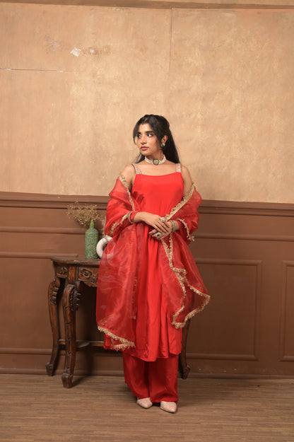 Kumkum 3-Piece Set – Red | Elegant Viscose Crepe Ethnic Suit with Organza Dupatta