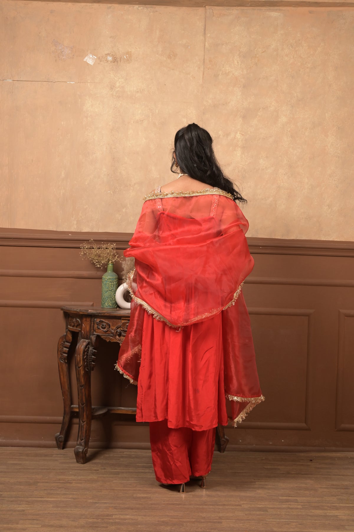 Kumkum 3-Piece Set – Red | Elegant Viscose Crepe Ethnic Suit with Organza Dupatta