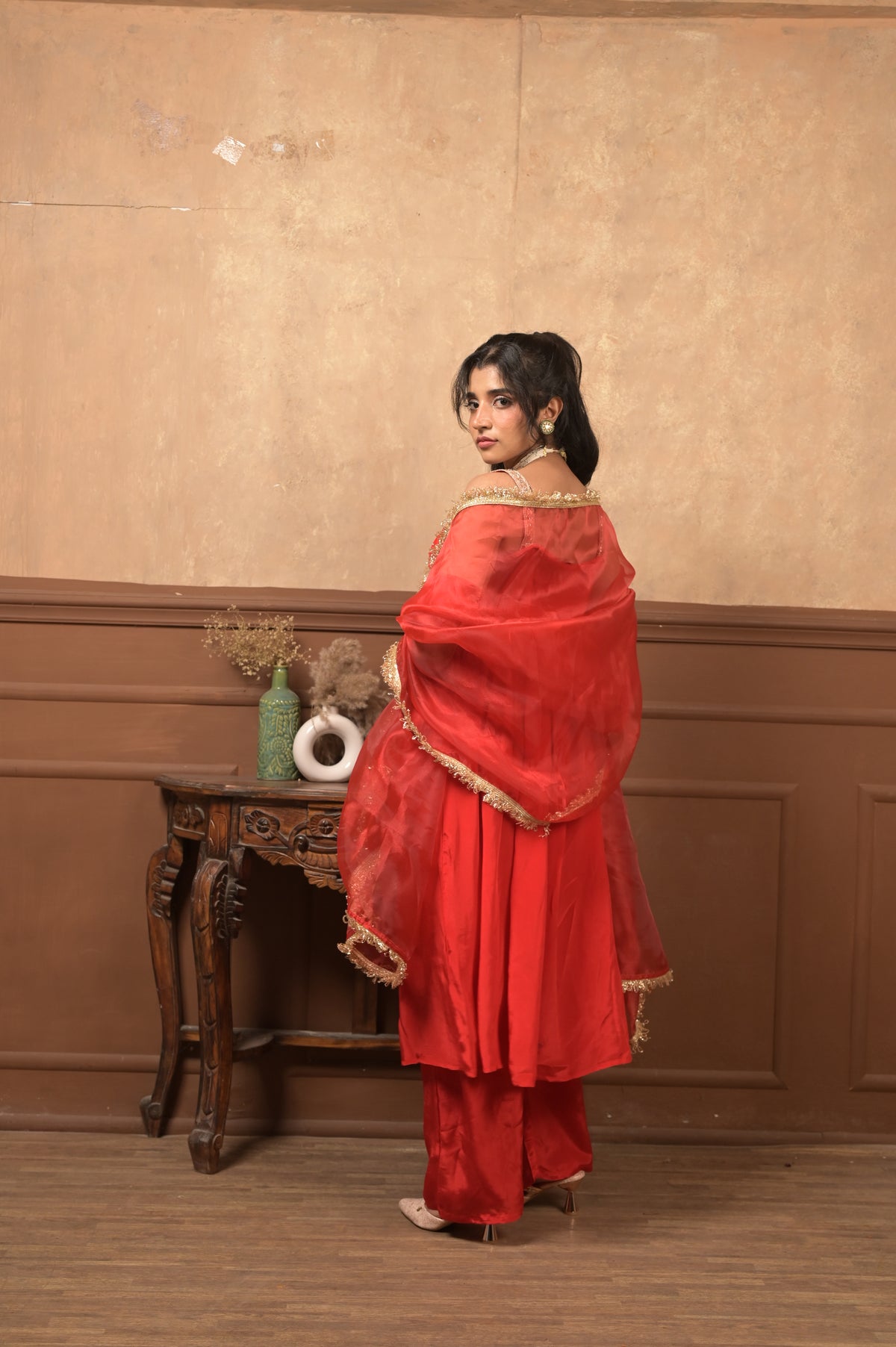 Kumkum 3-Piece Set – Red | Elegant Viscose Crepe Ethnic Suit with Organza Dupatta
