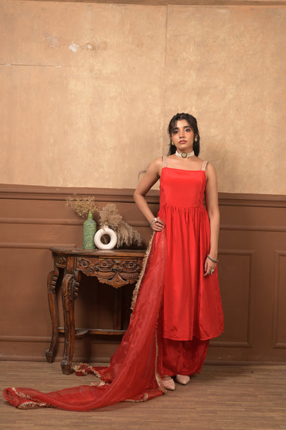 Kumkum 3-Piece Set – Red | Elegant Viscose Crepe Ethnic Suit with Organza Dupatta