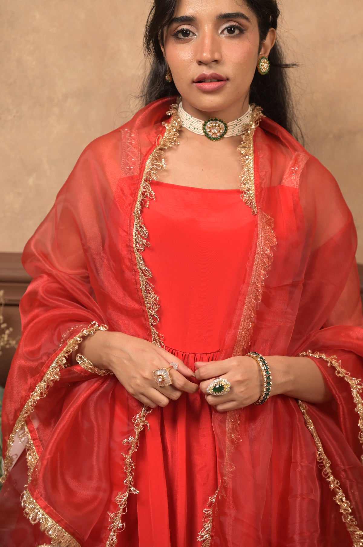 Kumkum 3-Piece Set – Red | Elegant Viscose Crepe Ethnic Suit with Organza Dupatta