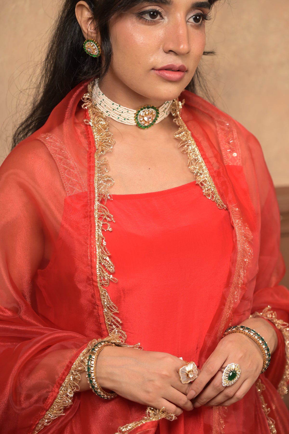 Kumkum 3-Piece Set – Red | Elegant Viscose Crepe Ethnic Suit with Organza Dupatta