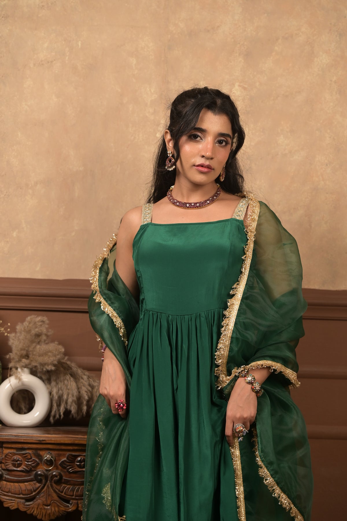 Kumkum 3-Piece Set – Emerald Green | Premium Viscose Crepe Suit with Lace Organza Dupatta