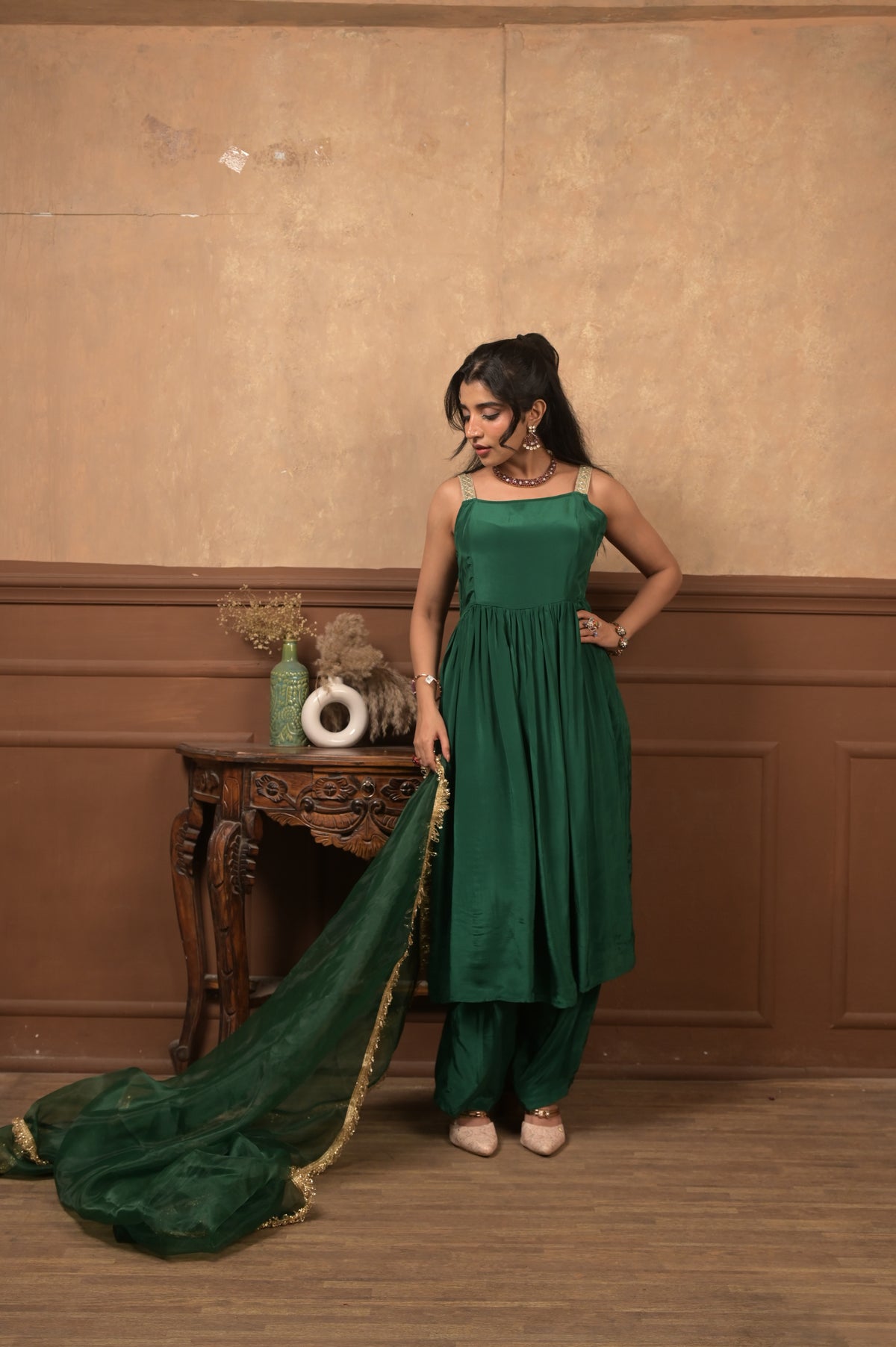 Kumkum 3-Piece Set – Emerald Green | Premium Viscose Crepe Suit with Lace Organza Dupatta