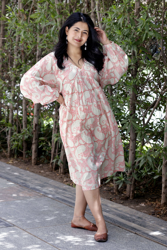 Chandni- Hand block print Dress- Pink