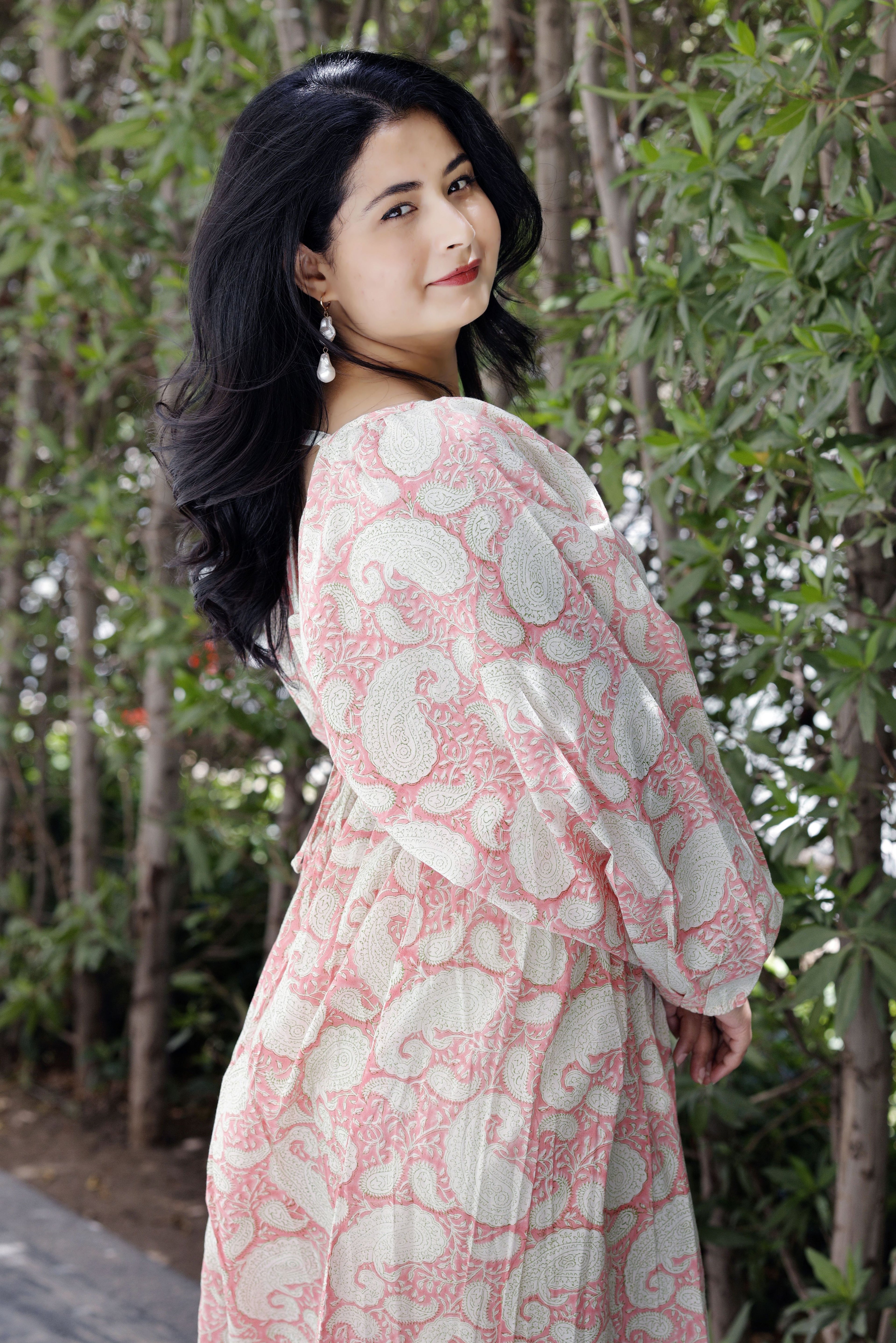 Chandni- Hand block print Dress- Pink