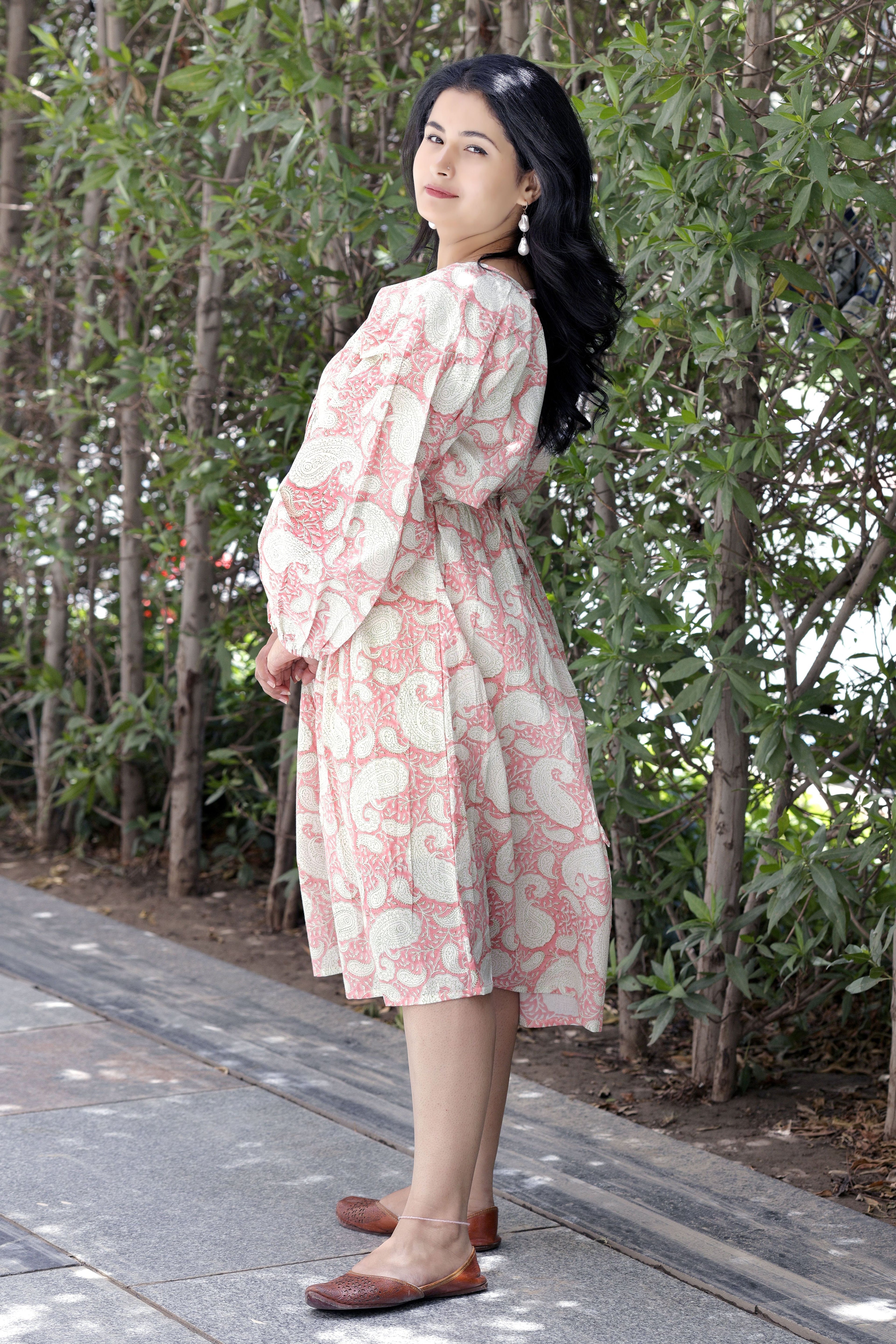 Chandni- Hand block print Dress- Pink
